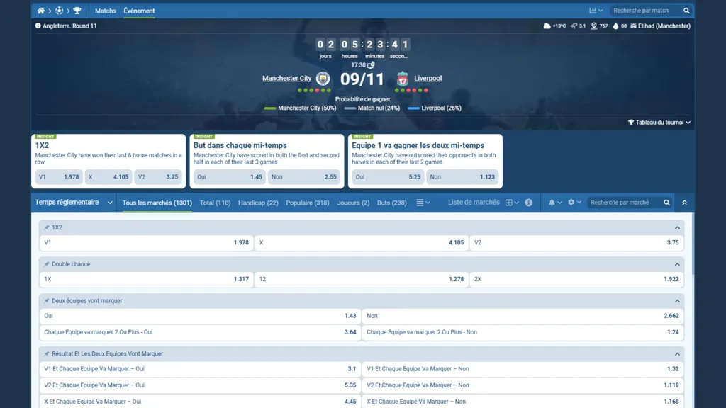 Cotes Manchester City Liverpool 1xBet