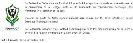 Gabon : Costa remerci&eacute; &agrave; deux mois de la CAN 2017