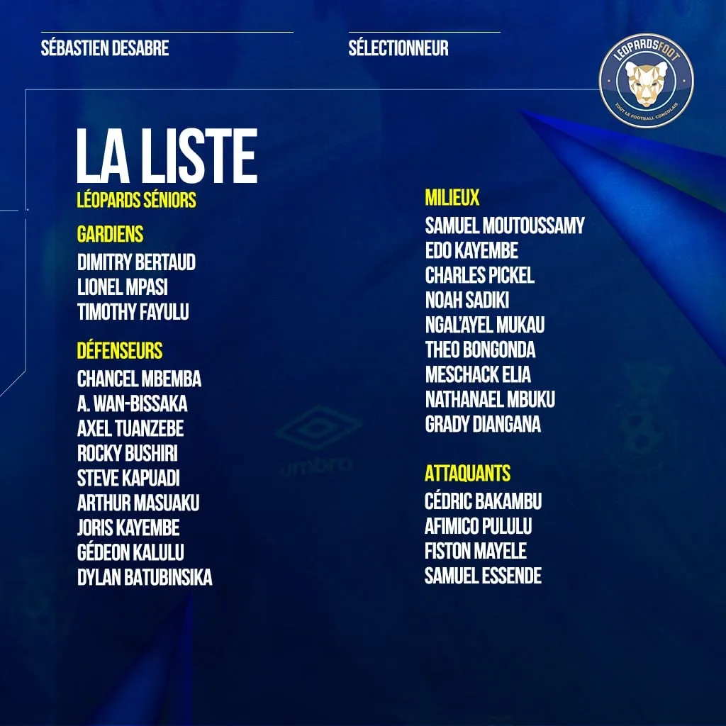 Liste RDC contre le Togo et le Soudan