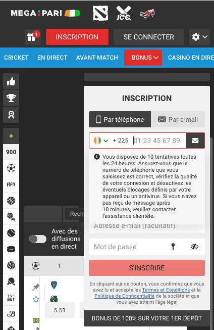 S'inscrire sur l'APK Megapari