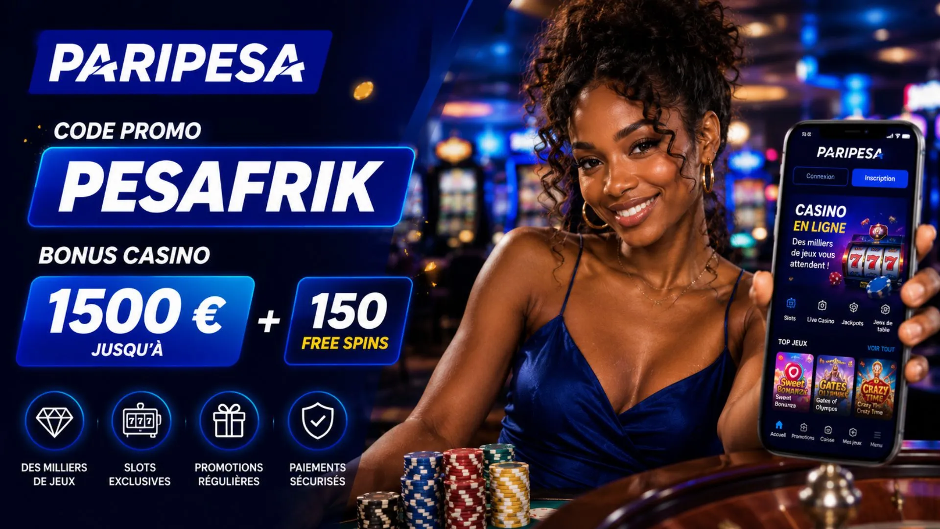 Le code promo Paripesa casino propose un pack de 1500&euro; avec 150 free spins