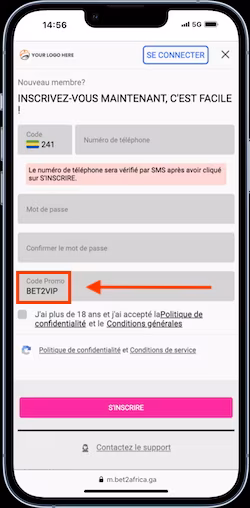Inscrivez-vous avec le code promo Bet2Africa