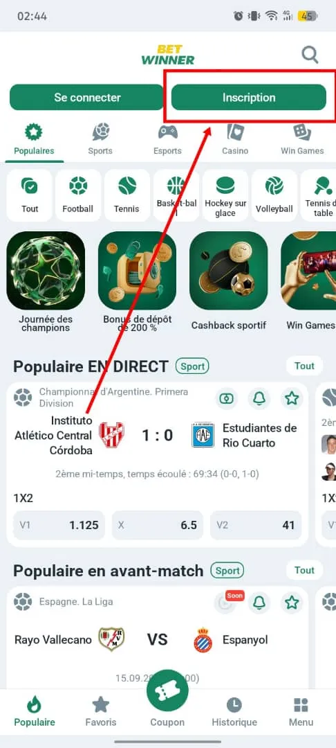 Page d'inscription BetWinner sur l'application