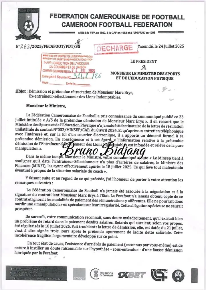 R&eacute;ponse de la Fecafoot d&rsquo;Eto&rsquo;o au Minsep