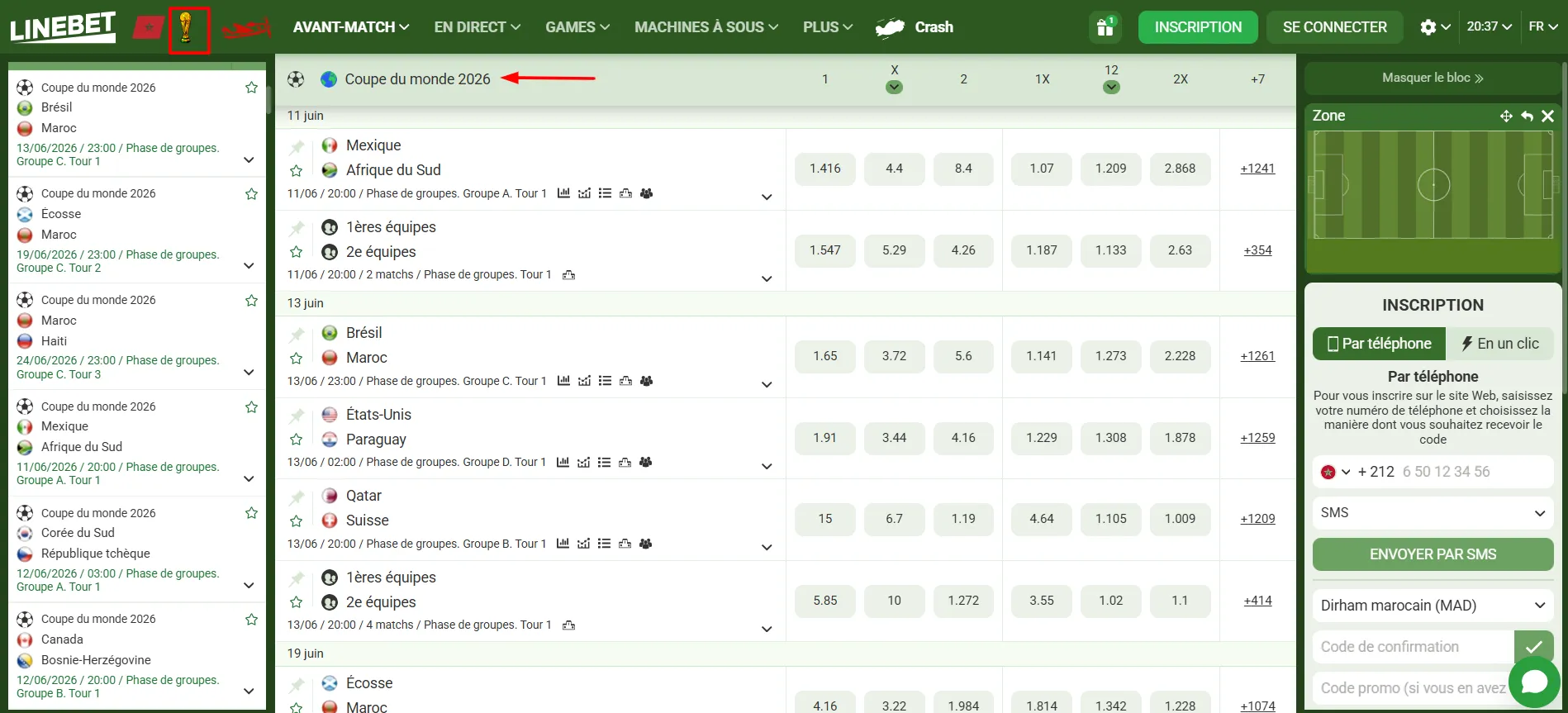 Cotes match coupe du monde 2026 avec le code promo Linebet