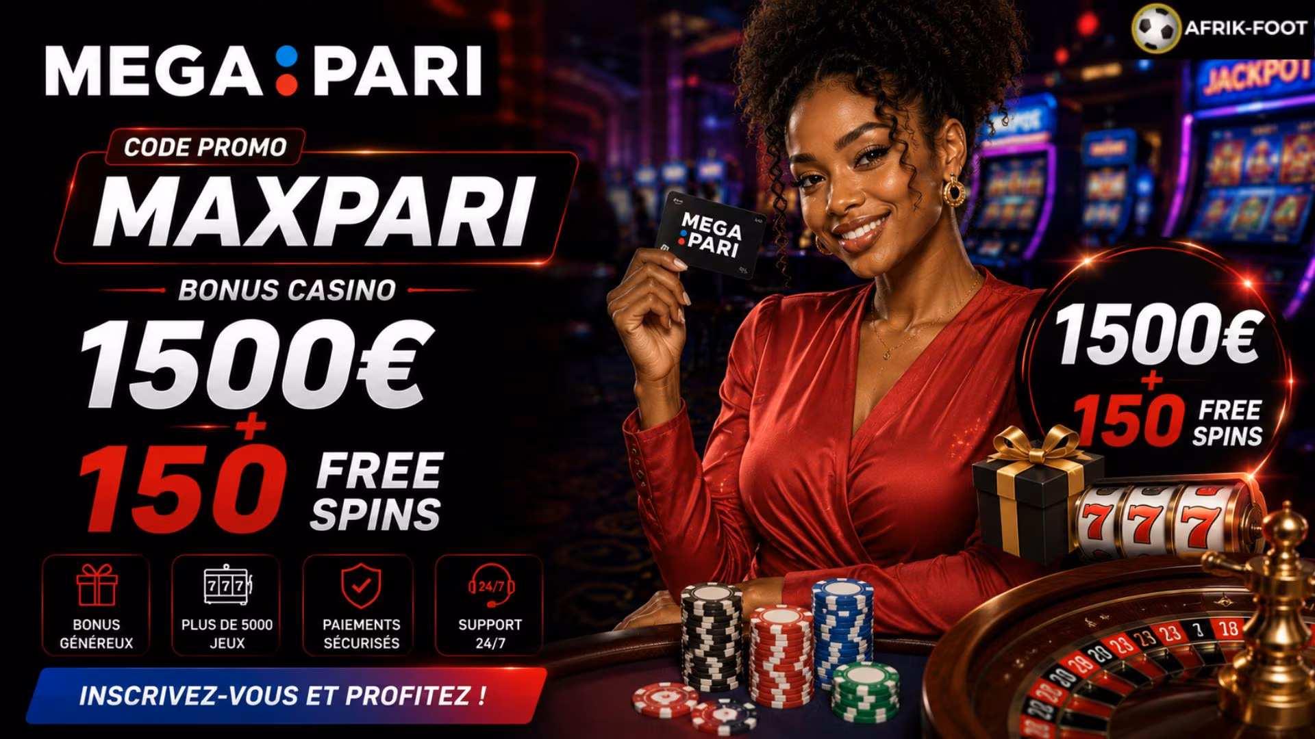 Le code bonus MAXPARI sur Megapari propose 1500 &euro; avec 150 FS.