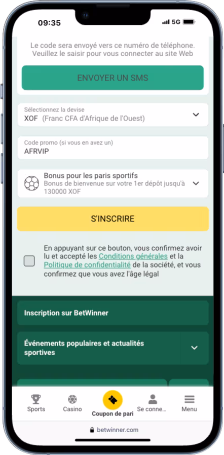 S'inscrire avec le code promo BetWinner AFRVIP