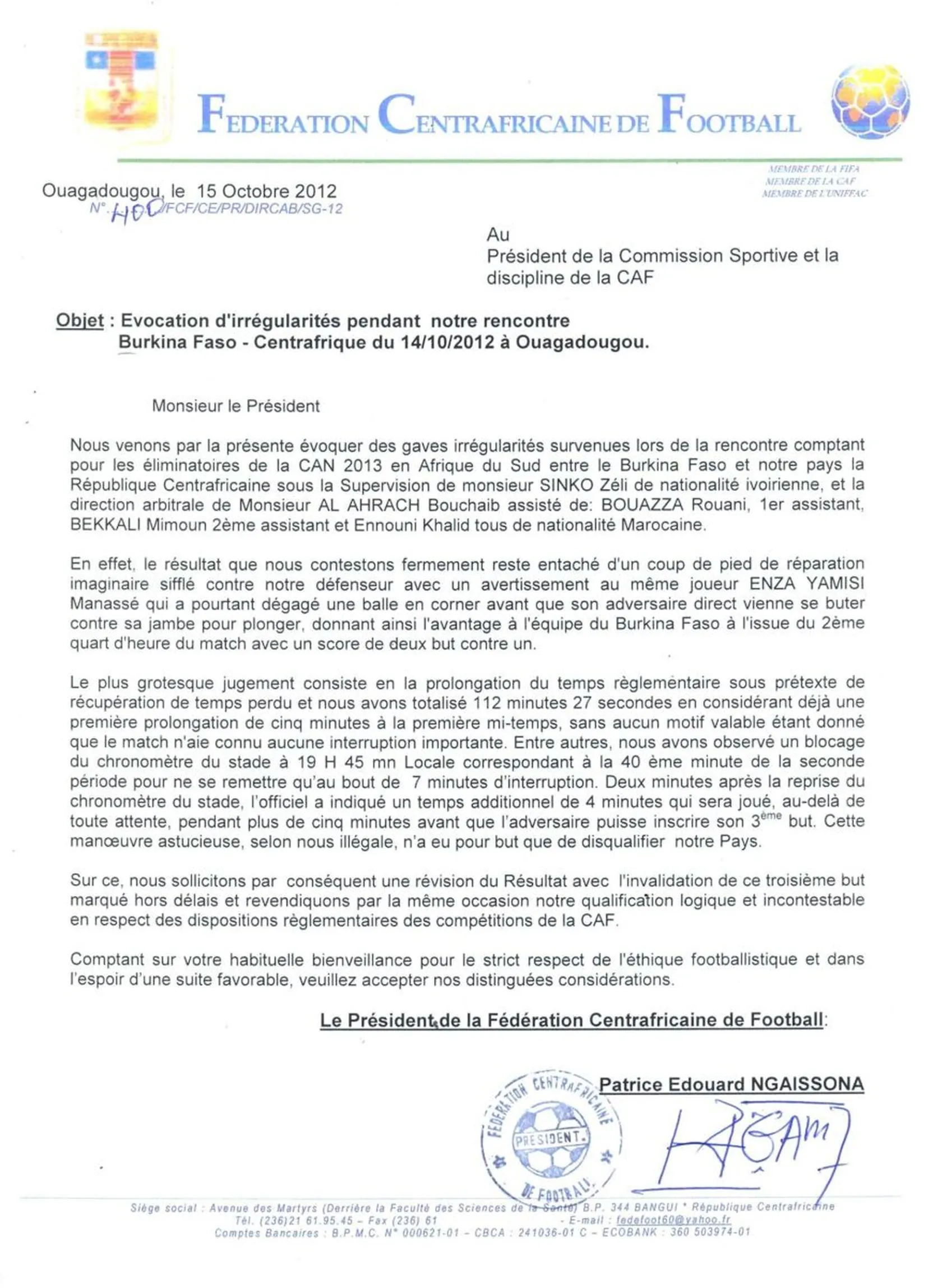 CAN 2013 : la Centrafrique veut invalider le r&eacute;sultat du match retour face au Burkina Faso