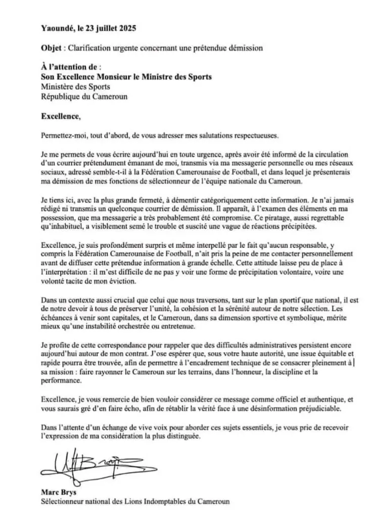 Marc Brys d&eacute;ment sa d&eacute;mission et accuse la Fecafoot d&rsquo;Eto&rsquo;o