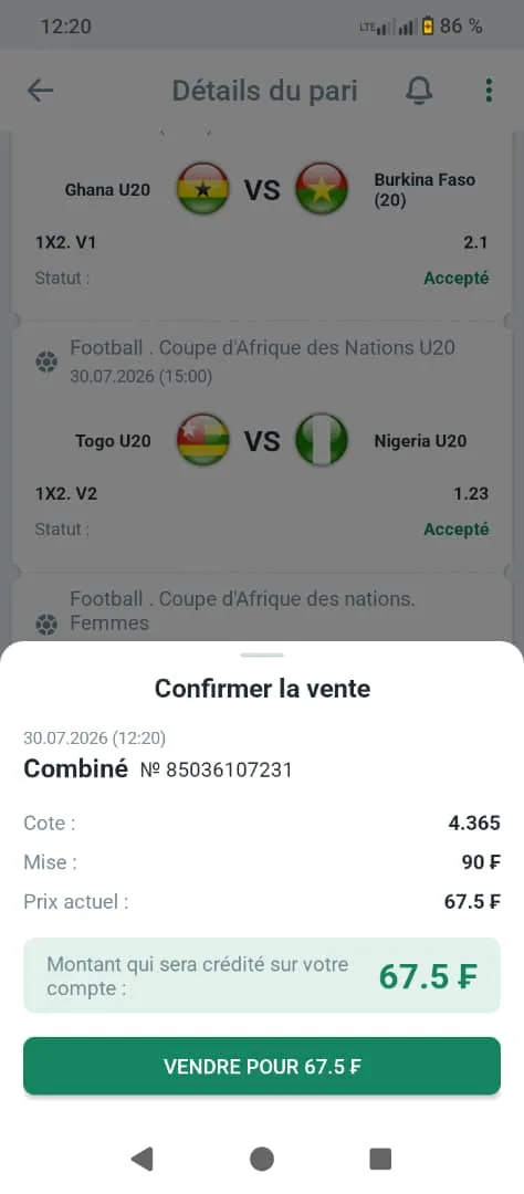 Cashout lors de match en direct sur l'application Betwinner