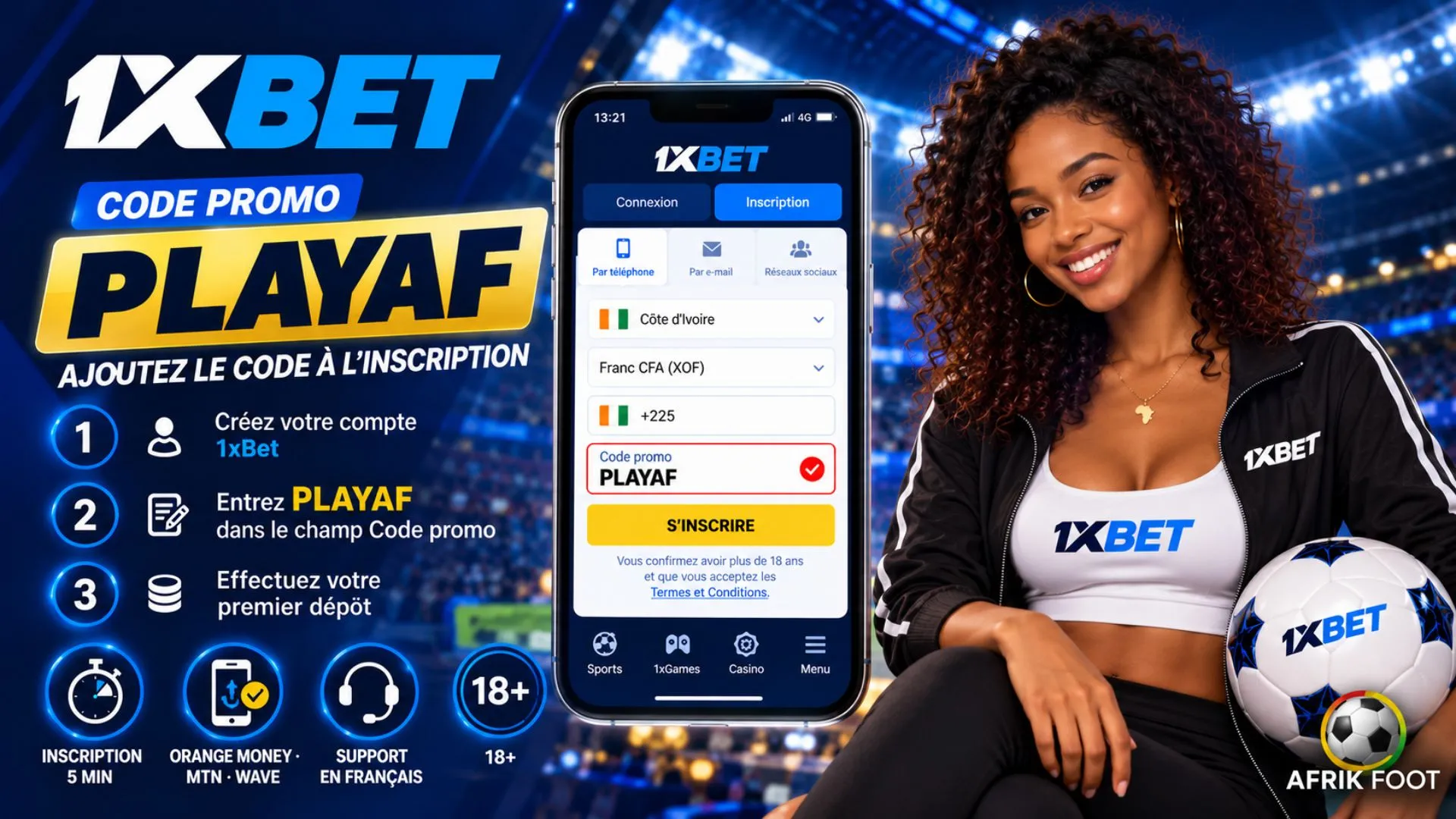 Inscription 1xBet avec le code promo PLAYAF dans le formulaire de cr&eacute;ation de compte