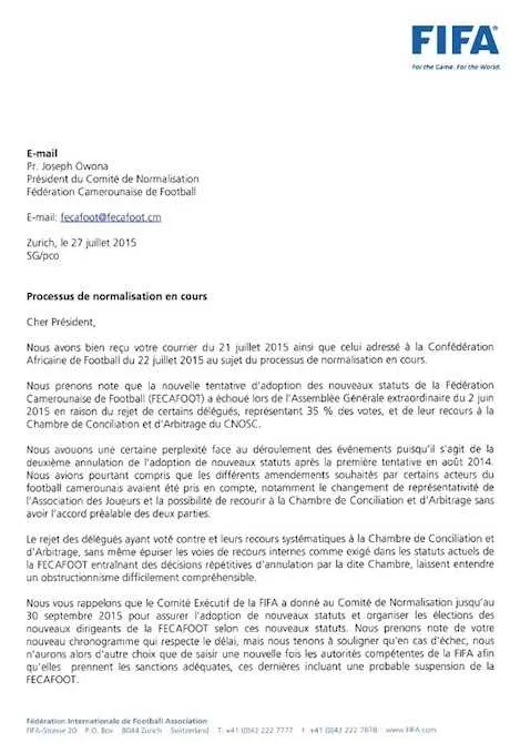 Cameroun : La FIFA fixe un ultimatum et menace