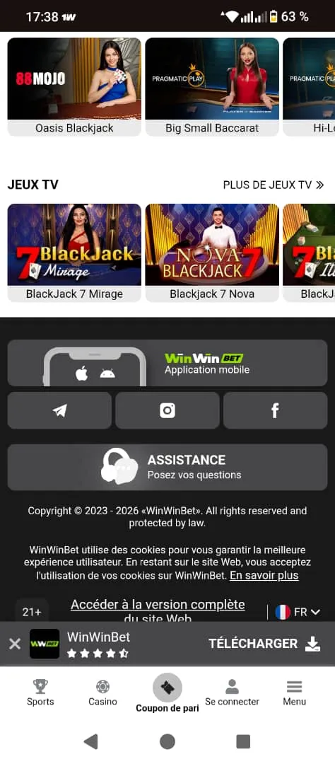Page de t&eacute;l&eacute;chargement de l'application WinWin Bet