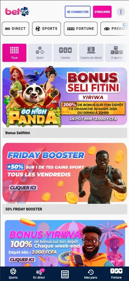 Toutes les promotions visibles avec le code promo bet223