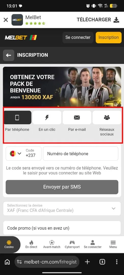 Les m&eacute;thodes d'inscription MelBet disponibles