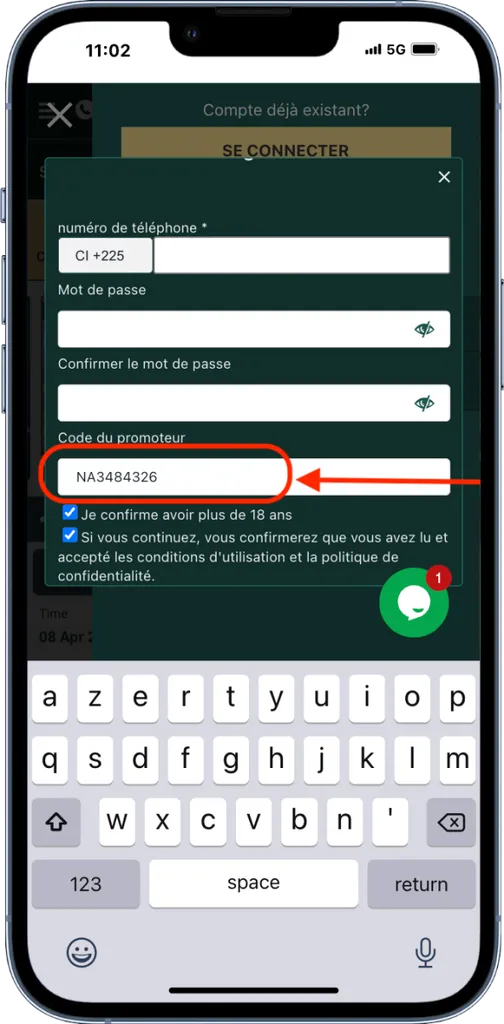 Utilisez le code Akwabet &agrave; l'ouverture de votre compte.