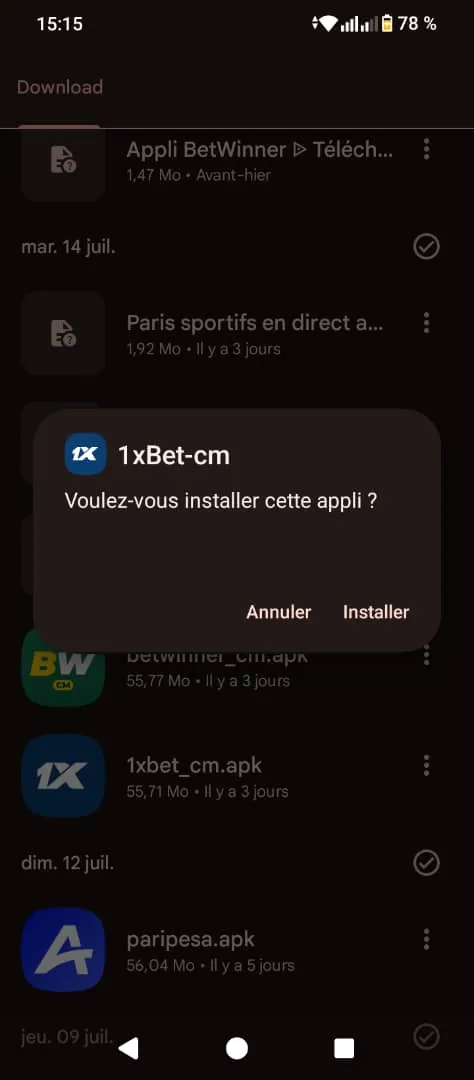 APK 1xBet installation confirmation