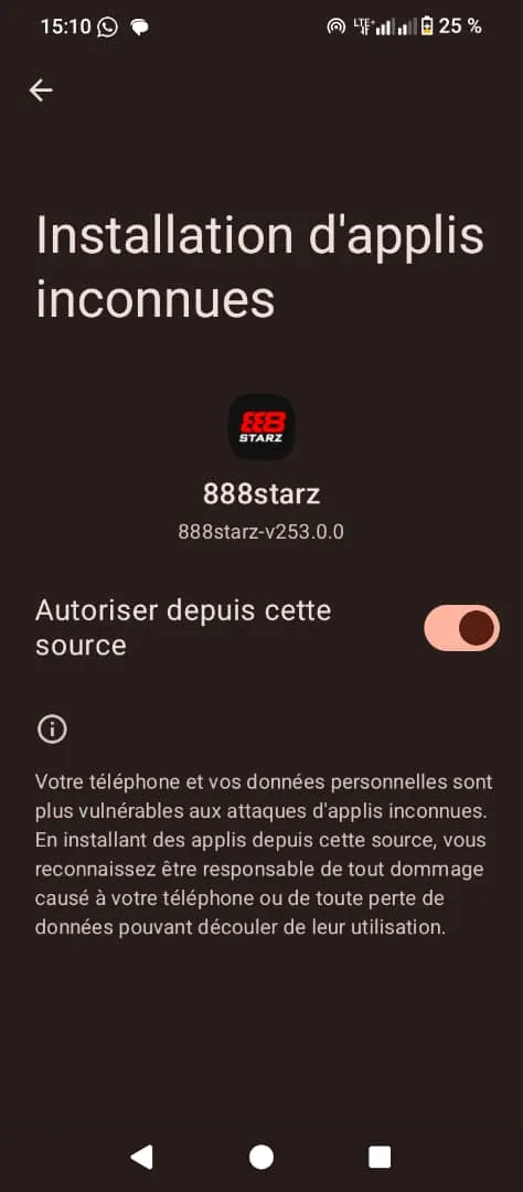 Activer le t&eacute;l&eacute;chargement de l'APK 888starz depuis une source inconnue
