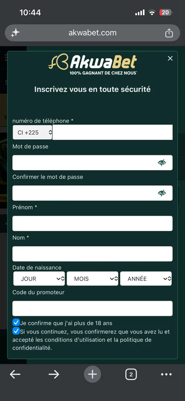 Formulaire d'inscription sur l'app Akwabet Android