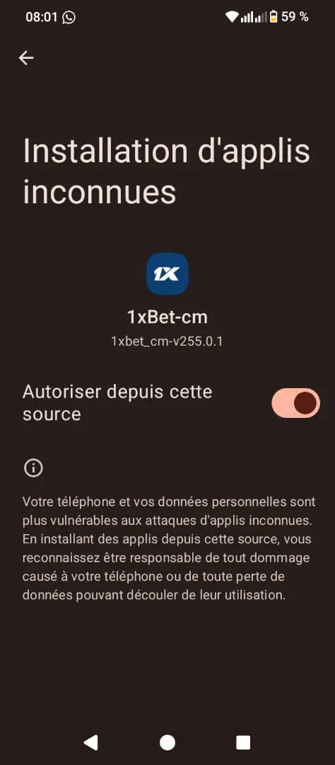 Installation sources inconnues 1xbet APK