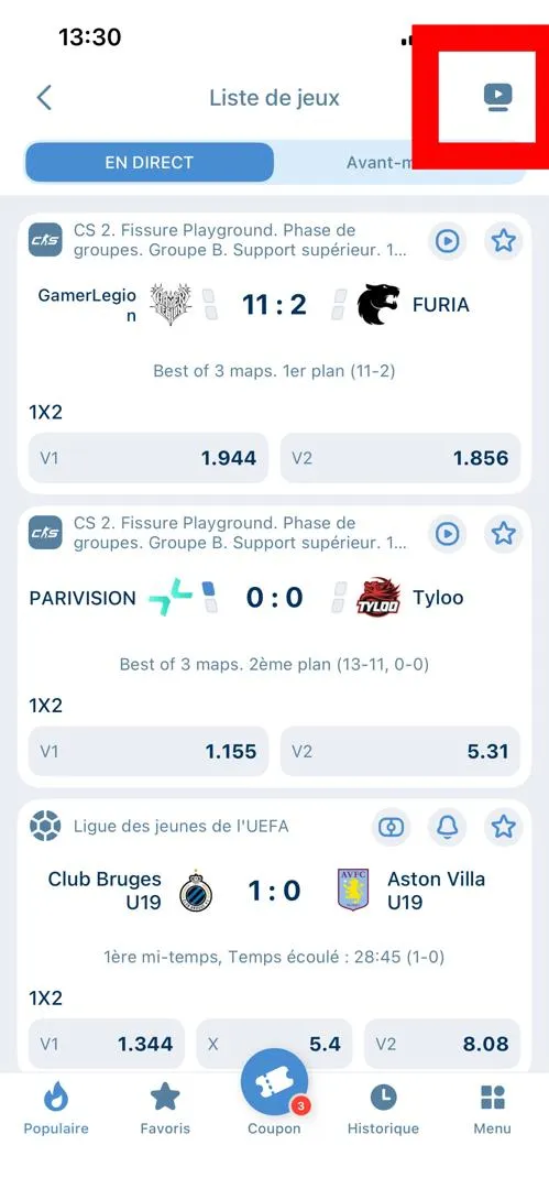 Onglet pour acc&eacute;der aux matchs en direct sur 1xBet app