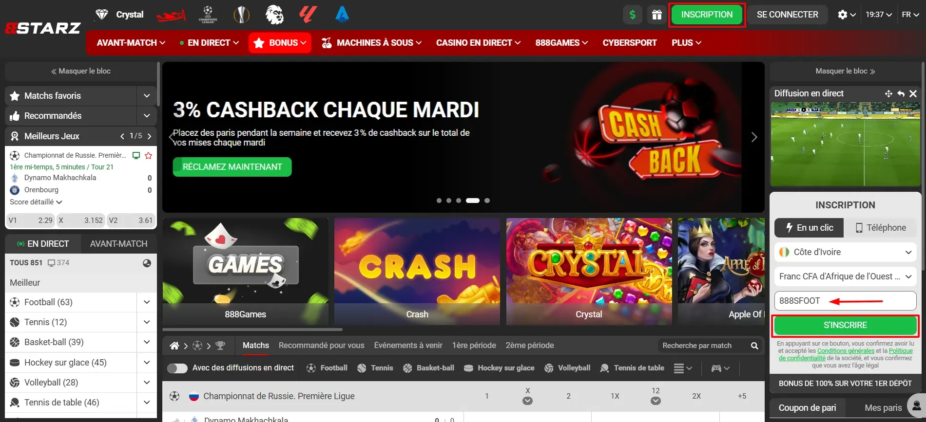 Code promo 888starz 2026 : 888SFOOT | 200 % jusqu&rsquo;&agrave;&nbsp;400 &euro; de bonus en Afrique