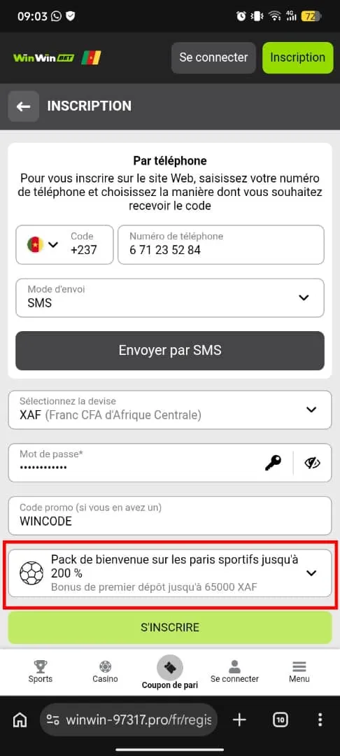 Inscription Winwin s&eacute;lection bonus sport avec champ code promo winwin