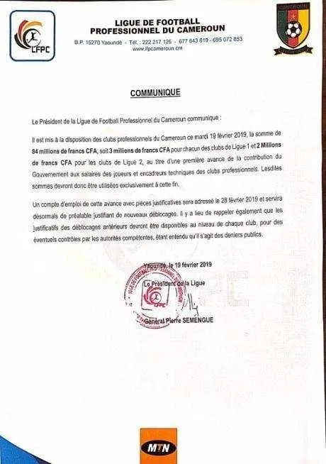 Cameroun : salaires impay&eacute;s, la Ligue d&eacute;bloque 84 millions de Fcfa