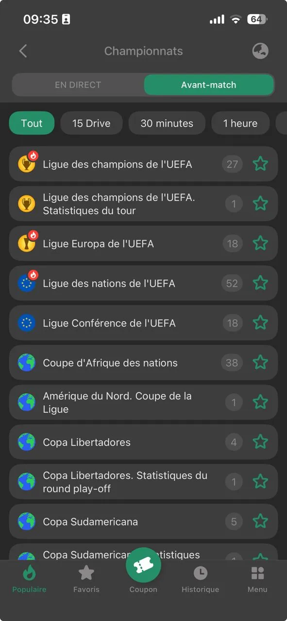BetWinner propose les championnats internationaux et nationaux africains