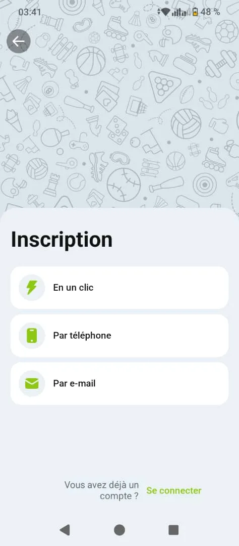 M&eacute;thodes d'inscription disponibles sur Winwin APK