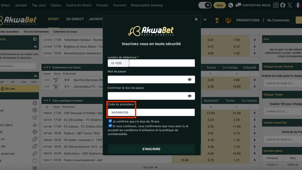 L'inscription sur Akwabet est simple et rapide