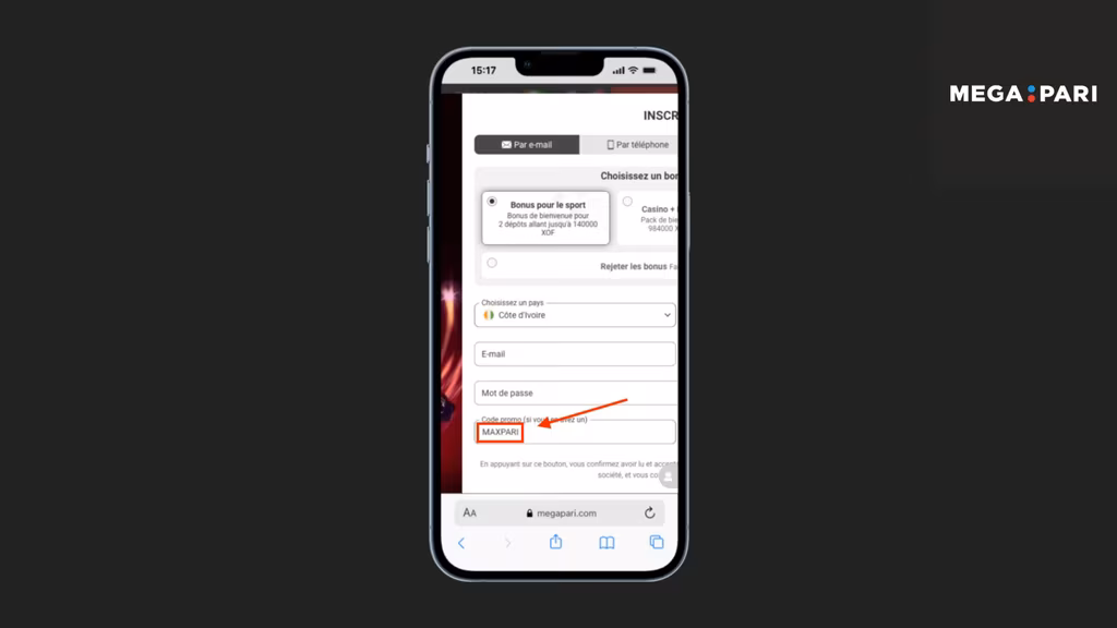 Enregistrez-vous depuis l'application de Megapari