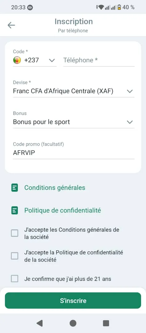 Formulaire d'inscription sur l'application Betwinner 