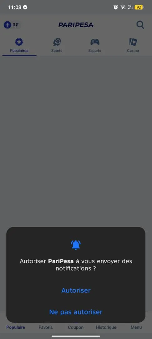 APK PariPesa : activation des notifications push &agrave; l'installation