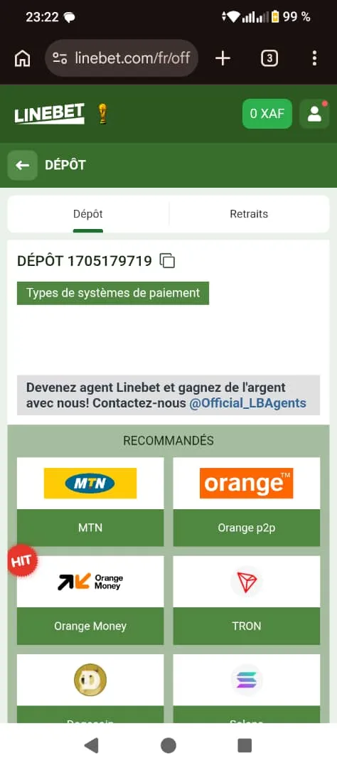 D&eacute;p&ocirc;ts mobiles instantan&eacute;s sur Linebet