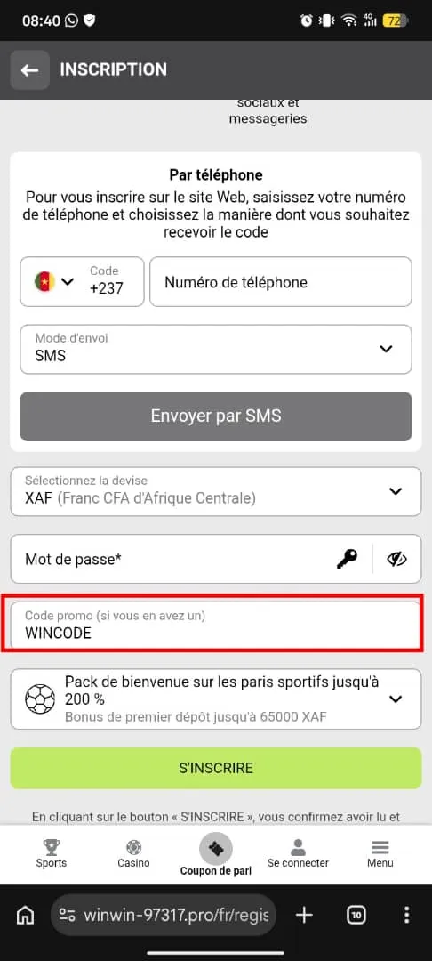 Le code promo WinWin s'ajoute &agrave; l'inscription