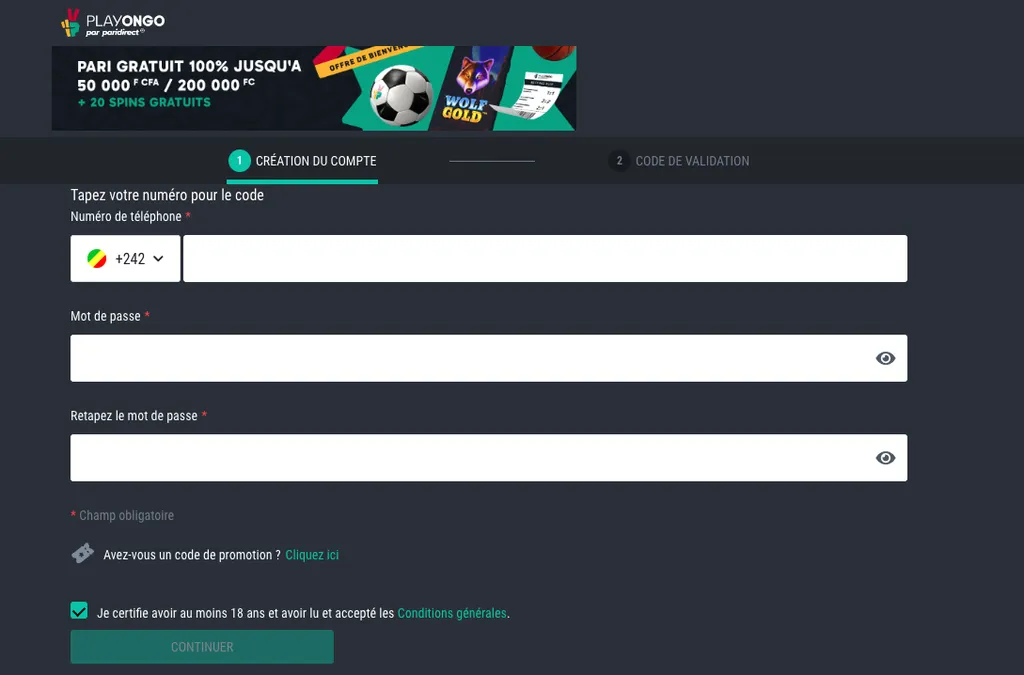 S'inscrire avec le code promo Playongo par Paridirect