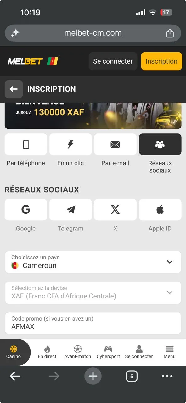 Inscription sur le bookmaker MelBet