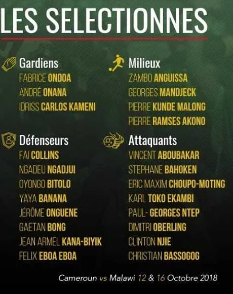 Cameroun : la liste pour le Malawi avec Bassogog, Njie et la surprise Oberlin !