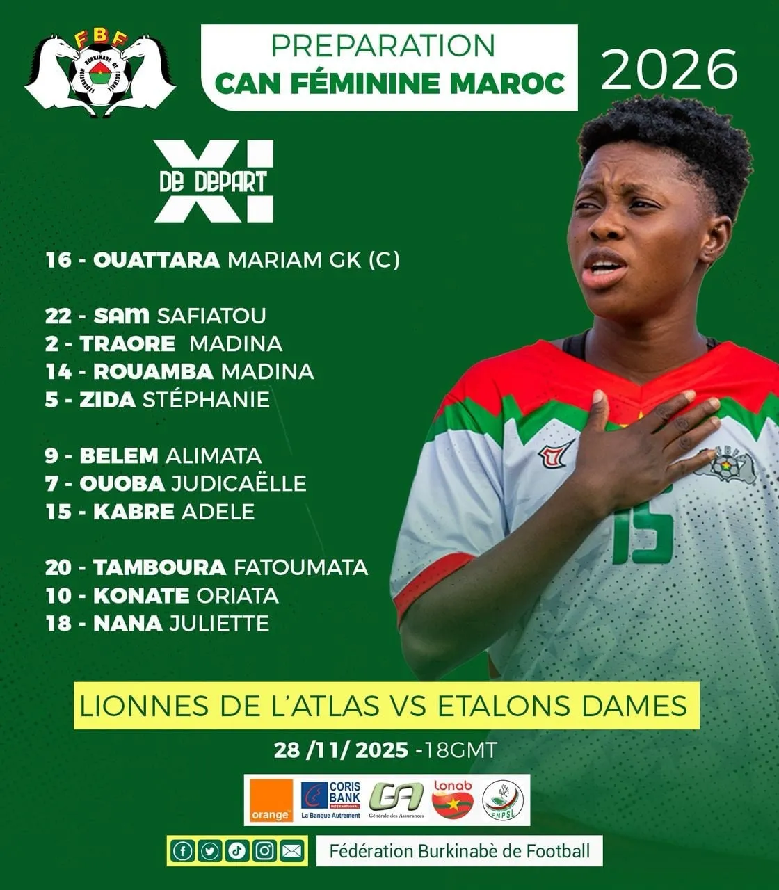 Compo Burkina Faso contre Maroc f&eacute;minin