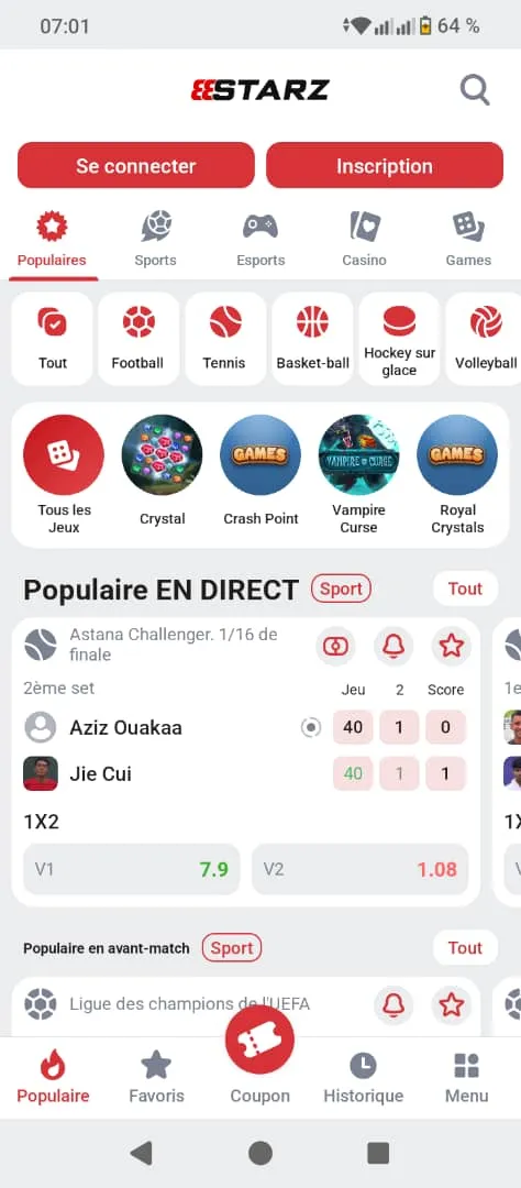 Page d'inscription dans l'APK 888starz