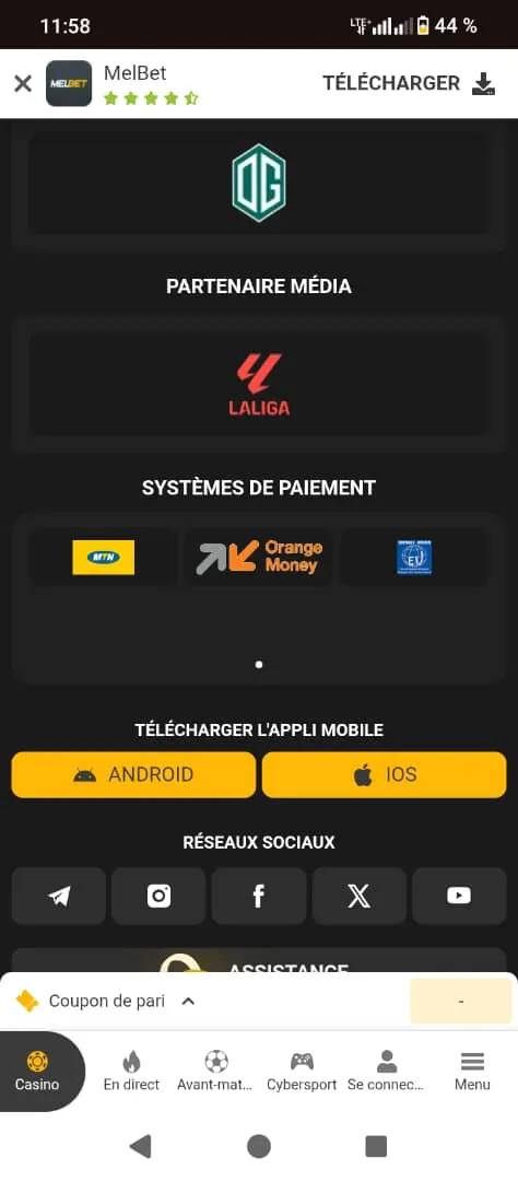 Ic&ocirc;ne t&eacute;l&eacute;chargement Melbet page accueil