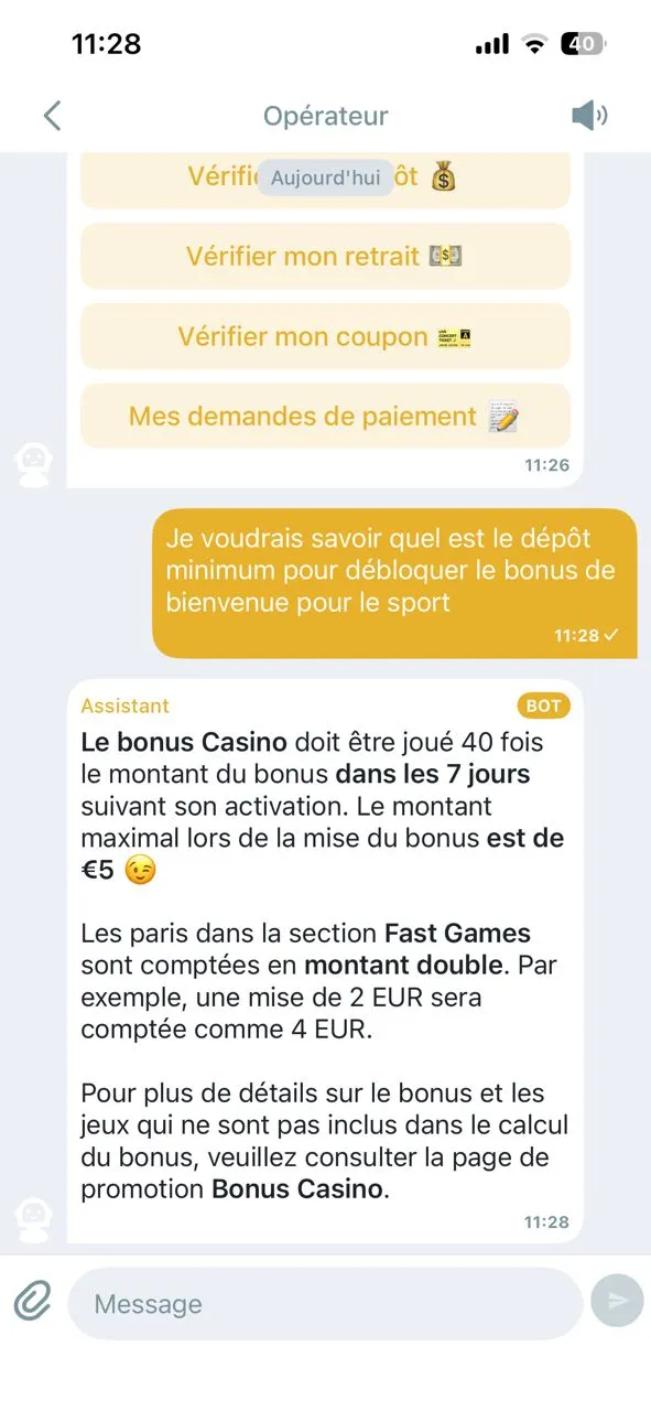 Message envoy&eacute; au chatbot