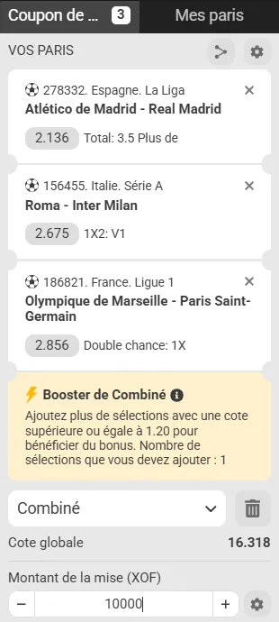 Ticket combin&eacute; Pronostics affiches championnats europ&eacute;ens pour le bonus du code promo MelBet