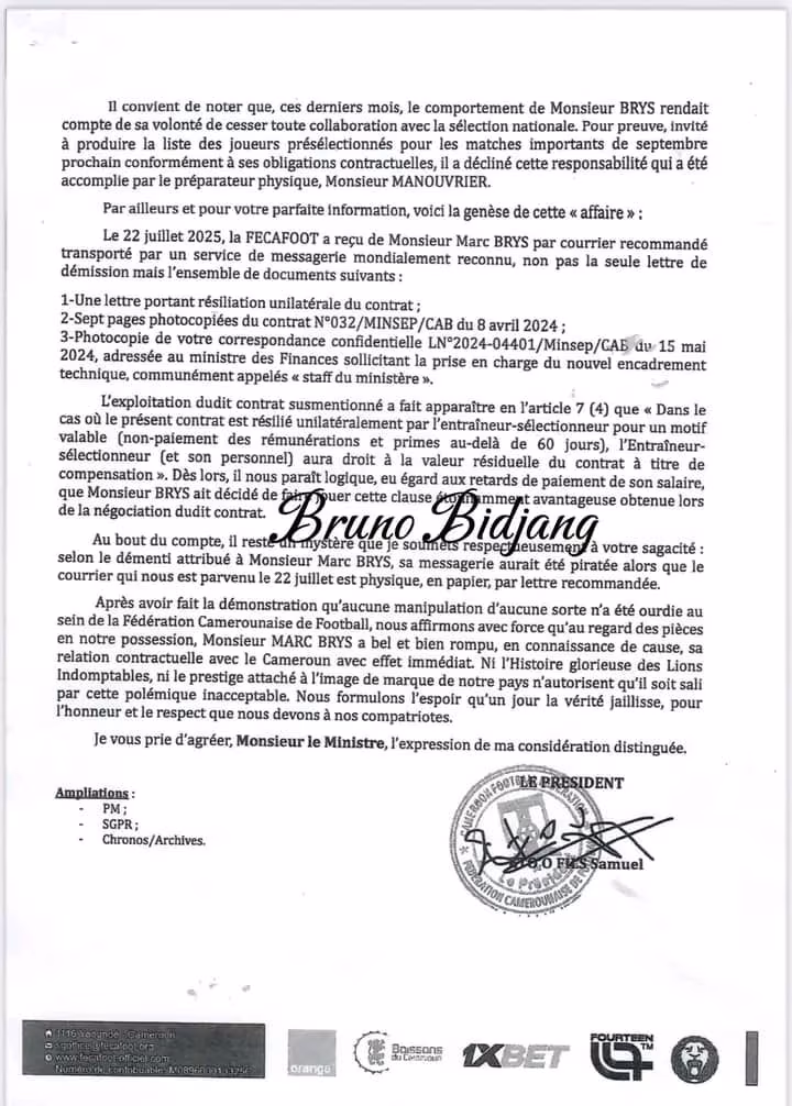 R&eacute;ponse de la Fecafoot d&rsquo;Eto&rsquo;o au Minsep 2