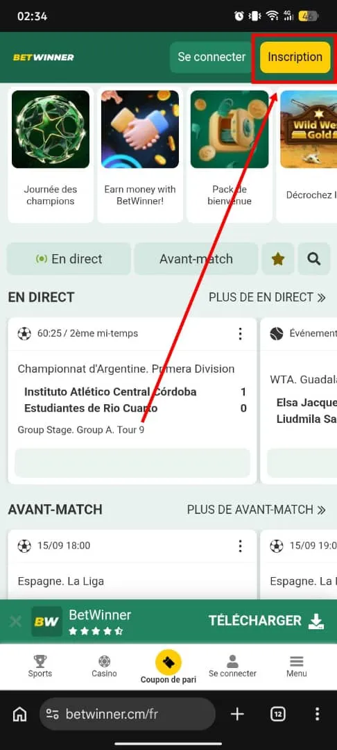 Page d'inscription BetWinner