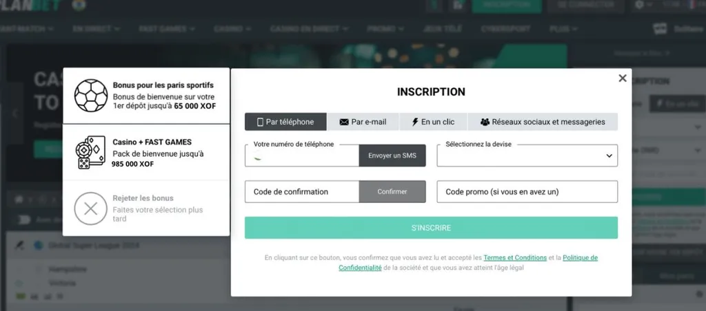 Inscription sur le bookmaker avec le code promo Planbet