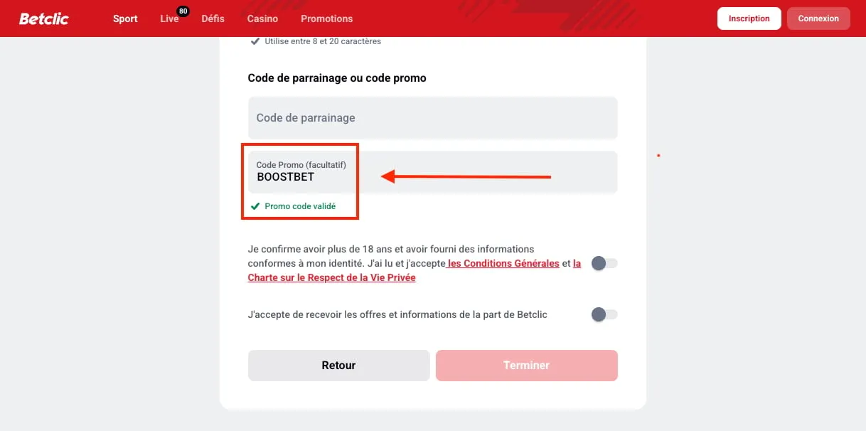 Entrez votre code bonus Betclic CI &agrave; l'ouverture de votre compte