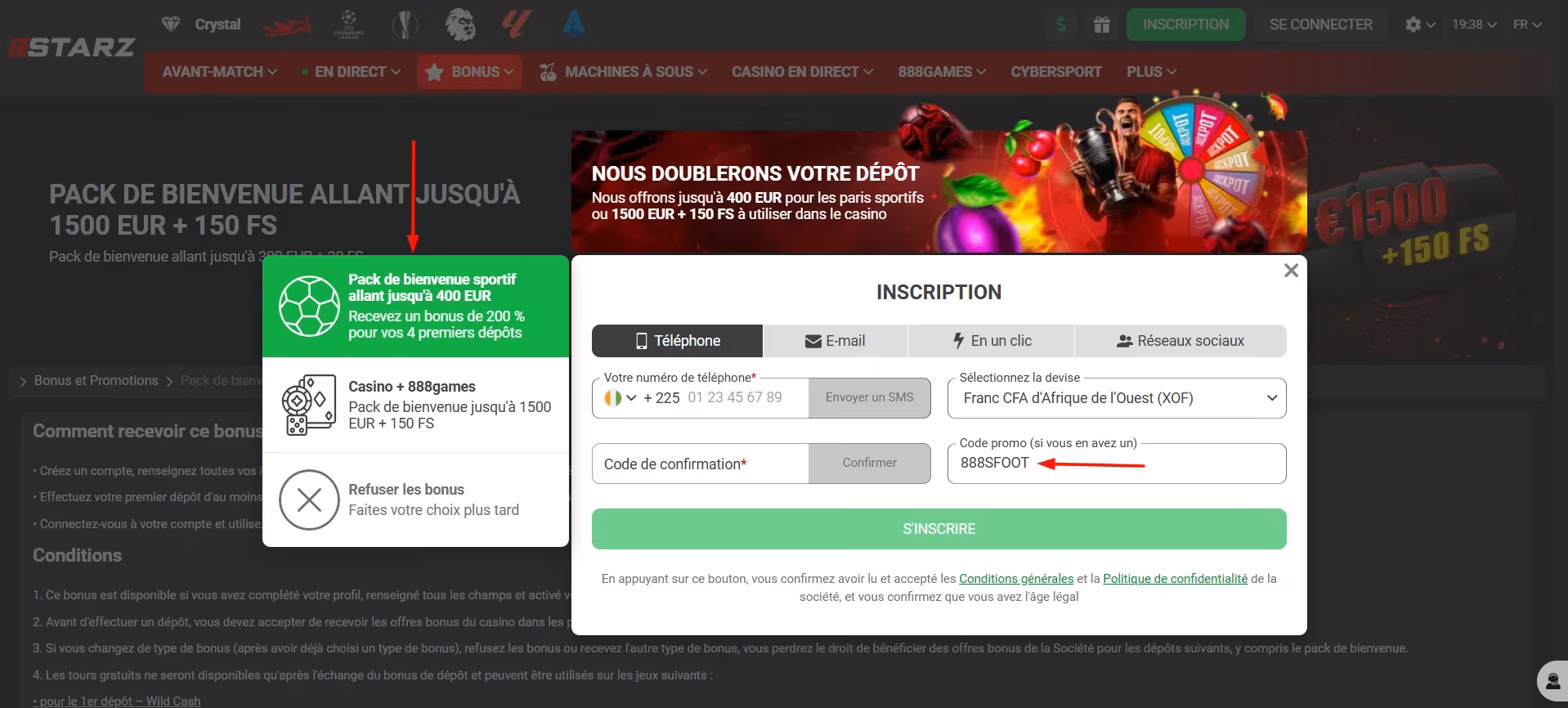 Code promo 888starz 2026 : 888SFOOT | 400 &euro; de bonus en Afrique
