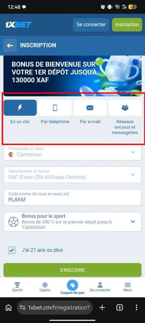 Les 4 m&eacute;thodes d'inscription sur 1xBet Cameroun